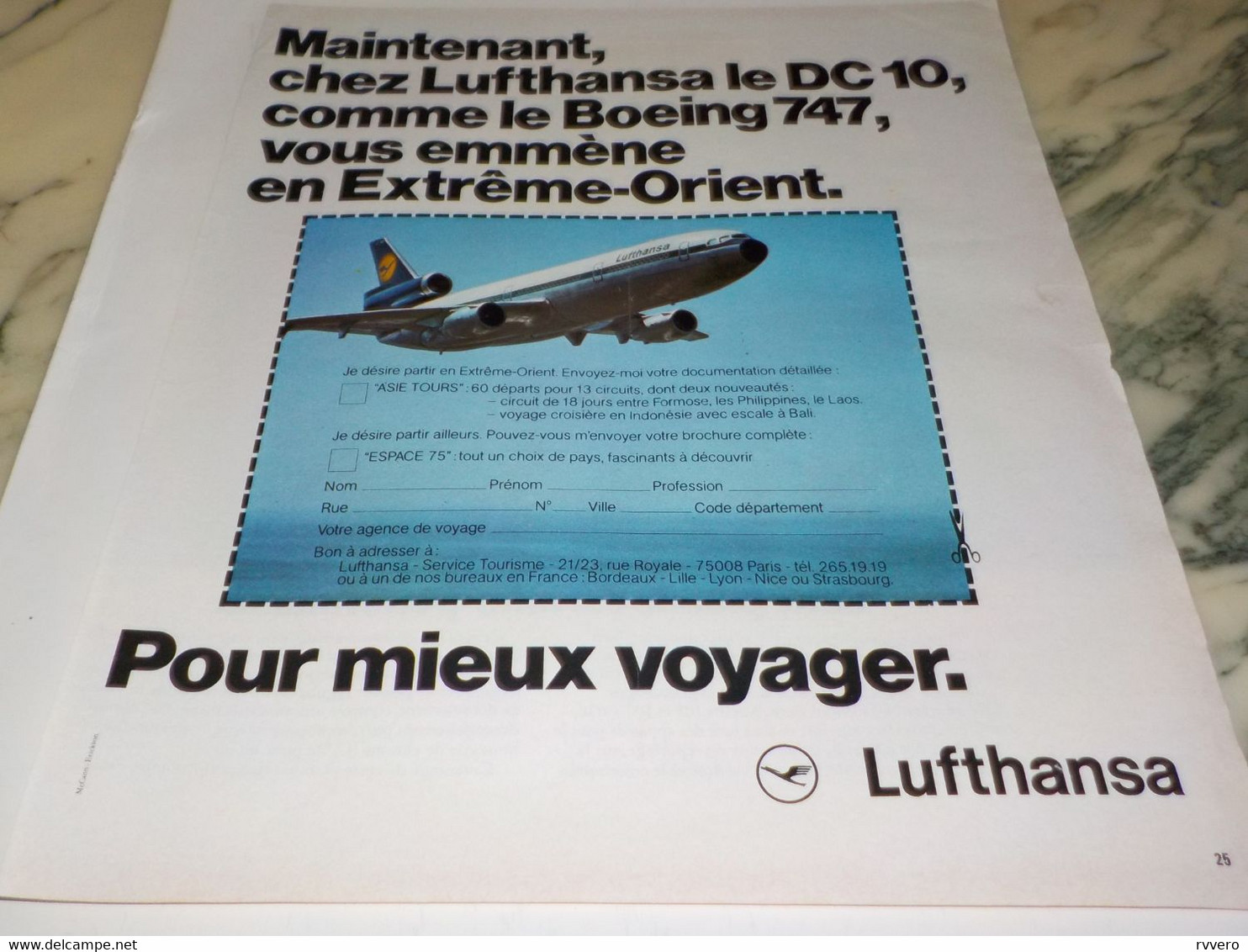 ANCIENNE PUBLICITE VOYAGE BOEING 747 AVEC LUFTHANSA 1974 - Pubblicità