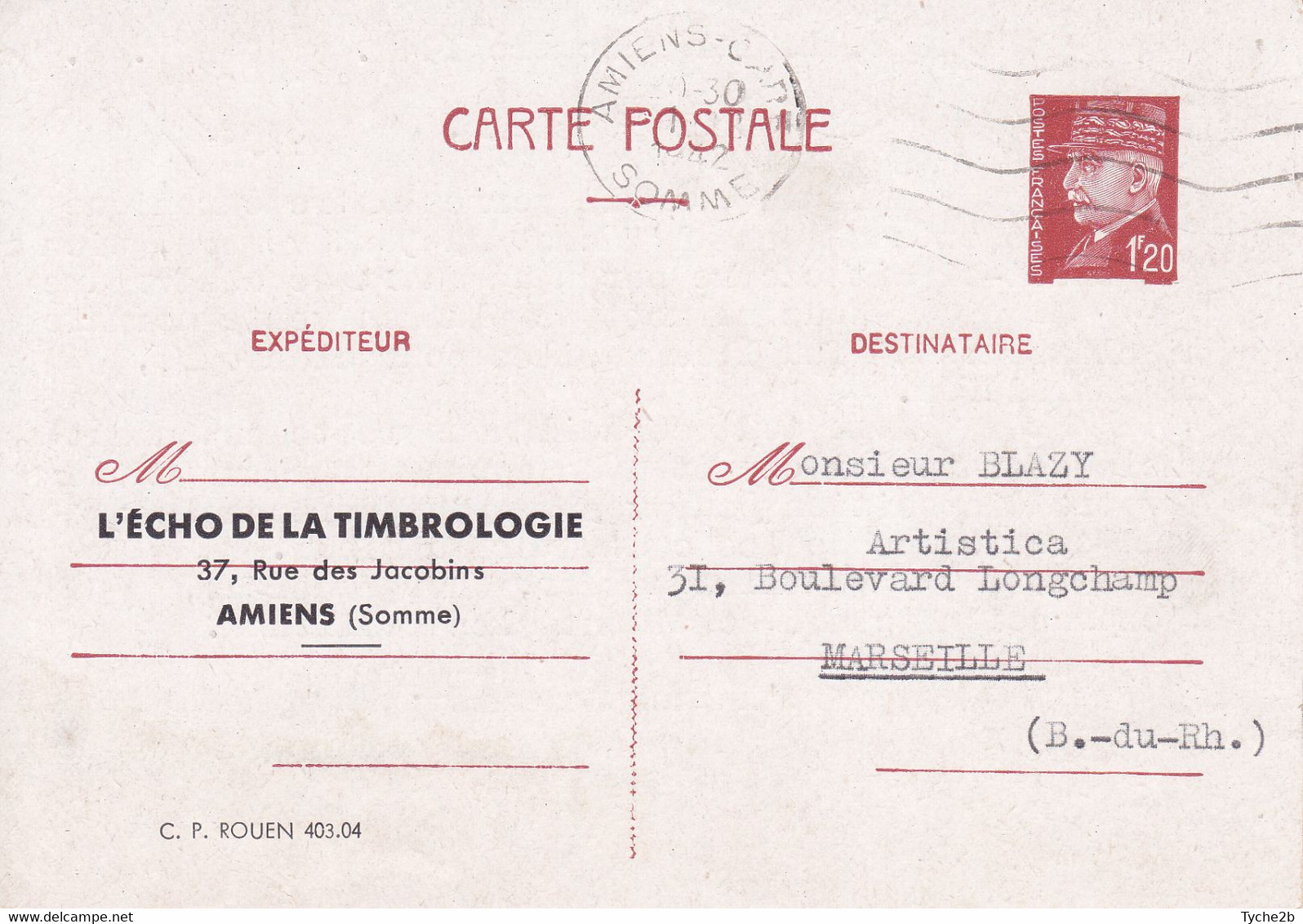 Carte Pétain 1.20 Brun Oblitérée Repiquage Echo De La Timbrologie - Postales  Transplantadas (antes 1995)