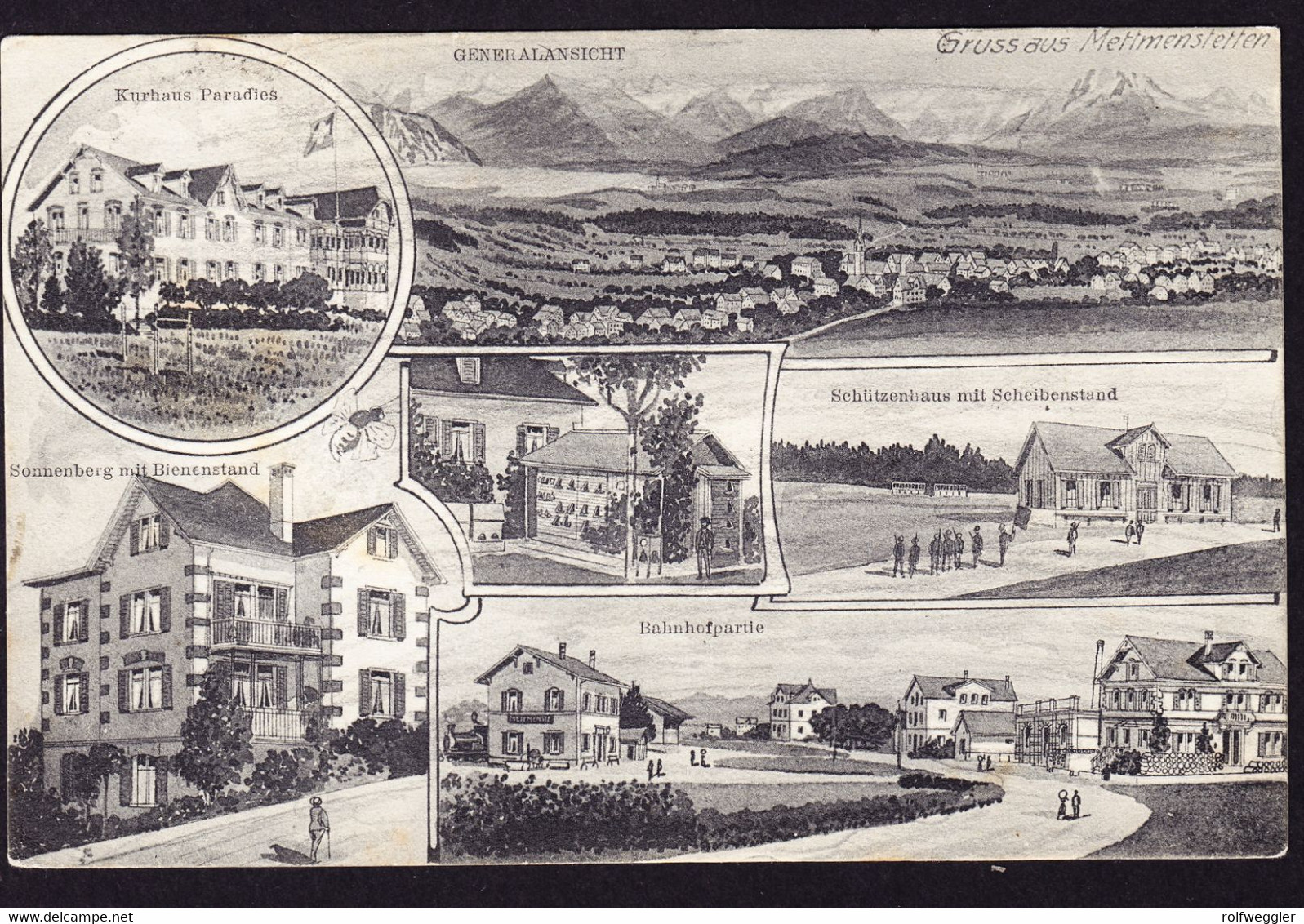1909 Mit Bahnpost Gelaufene Künstlerkarte, 6 Bildrig. Gruss Aus Mettmenstetten. Bienenstand, Bahnhof Und Schützen- - Mettmenstetten