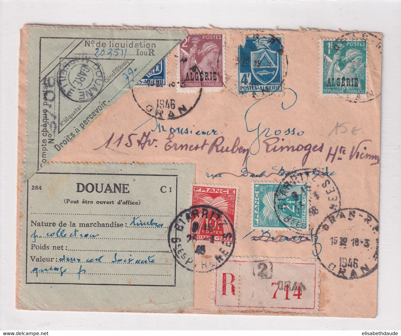ALGERIE - 1946 - ENVELOPPE RECOMMANDEE De ORAN Avec CONTROLE De DOUANE MARSEILLE Et TAXEE à BIARRITZ ! - Lettres & Documents