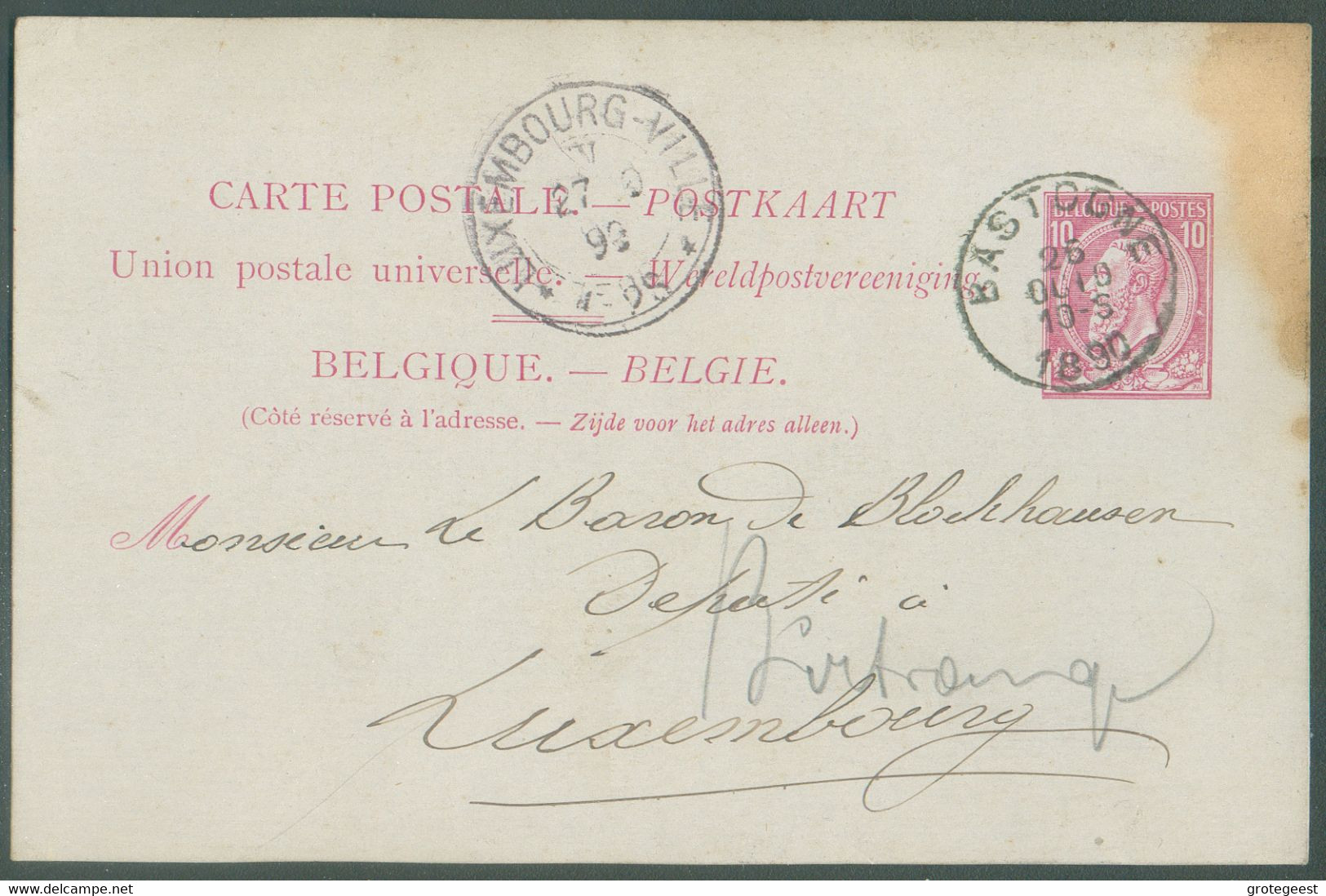 E.P. Carte 10c. Obl. Sc BASTOGNE Du 26 Octobre 1890 Vers Luxembourg - 16522 - Cartoline 1871-1909