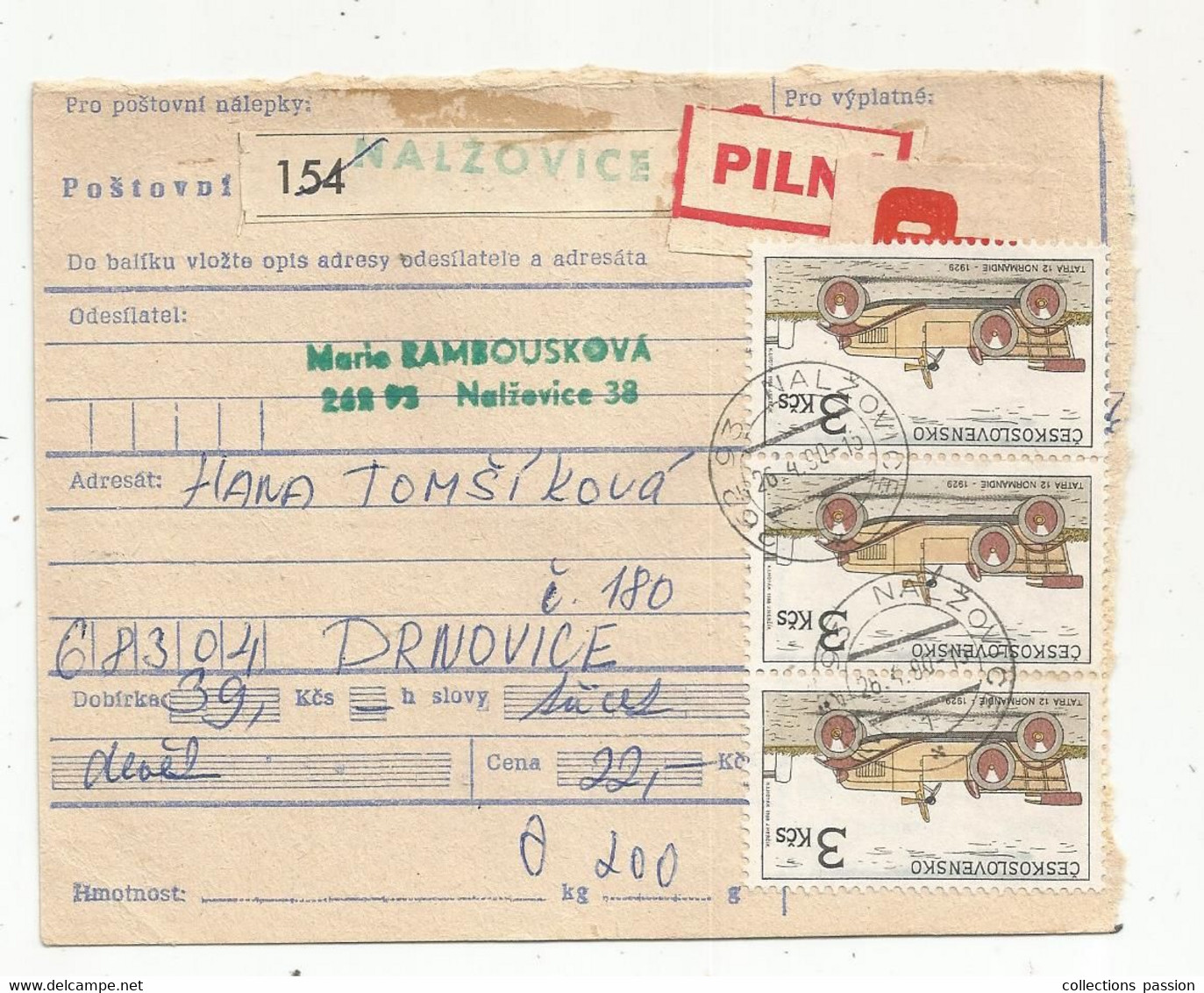 Tchecoslovaquie , Ceskoslovensko , 1990 ,  NALZOVICE 154 , DRNOVICE , 7 Timbres , 2 Scans , Pilné - Brieven En Documenten