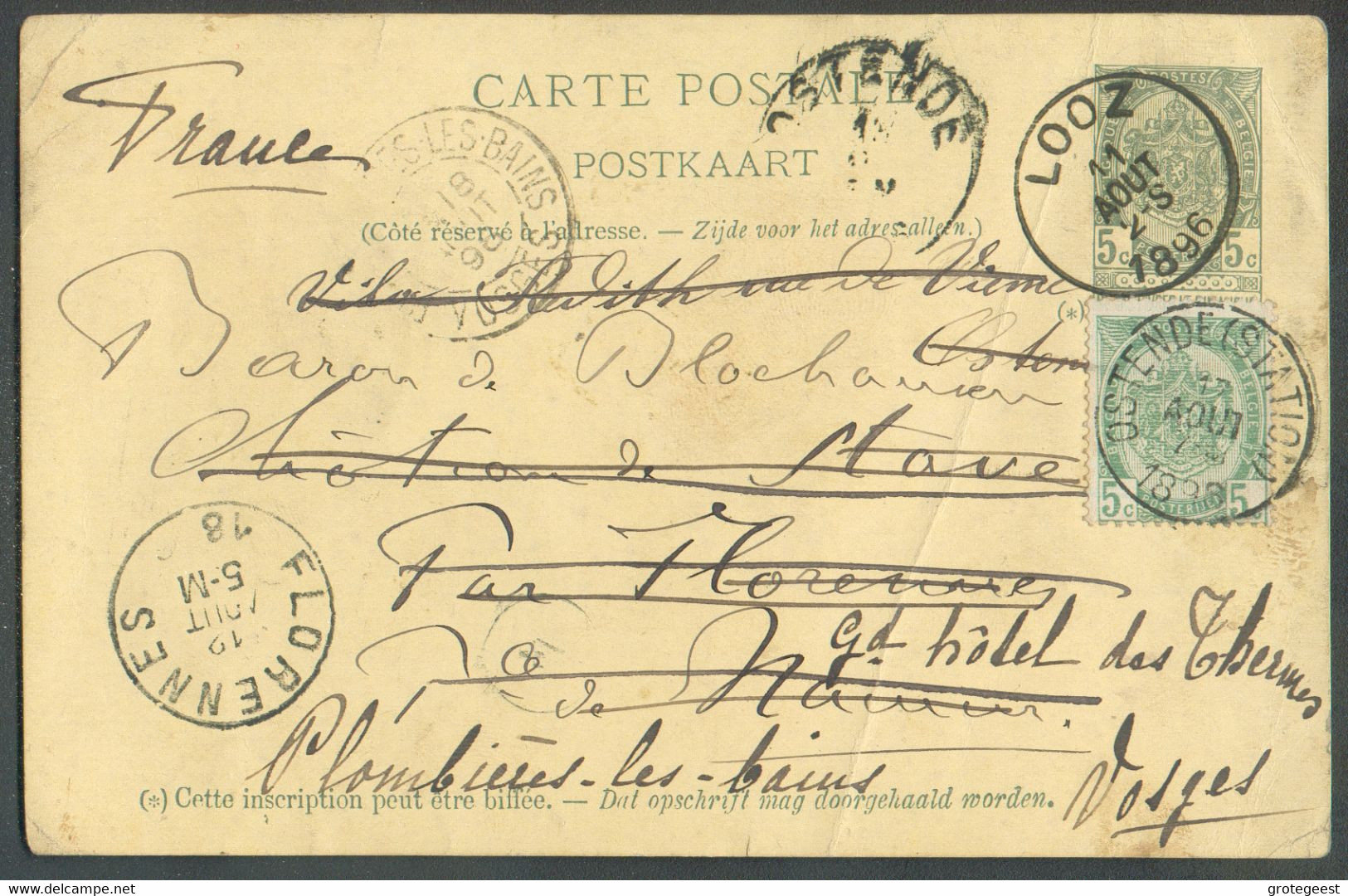 EP Carte 5c. Obl Sc LOOZ Du 11 Août 1896 Vers Châteaude Stave à Florennes (biffé 12/08) Et Renvoi Vers Ostende (à Nouvea - Postcards 1871-1909