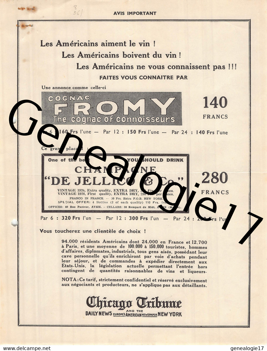 96 2643 ETATS UNIS UNITED STATES NEW YORK - TRACT Chicago Tribune - Publicite CHAMPAGNE DE JELLICO Et COGNAC FROMY - Verenigde Staten