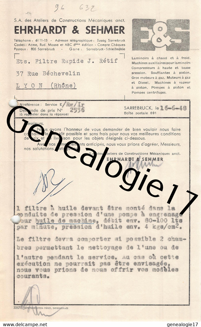 96 2649 ALLEMAGNE SARREBRUCK 1948 Usines Constructions Mecaniques EHRHARDT Et SEHMER - Sonstige & Ohne Zuordnung