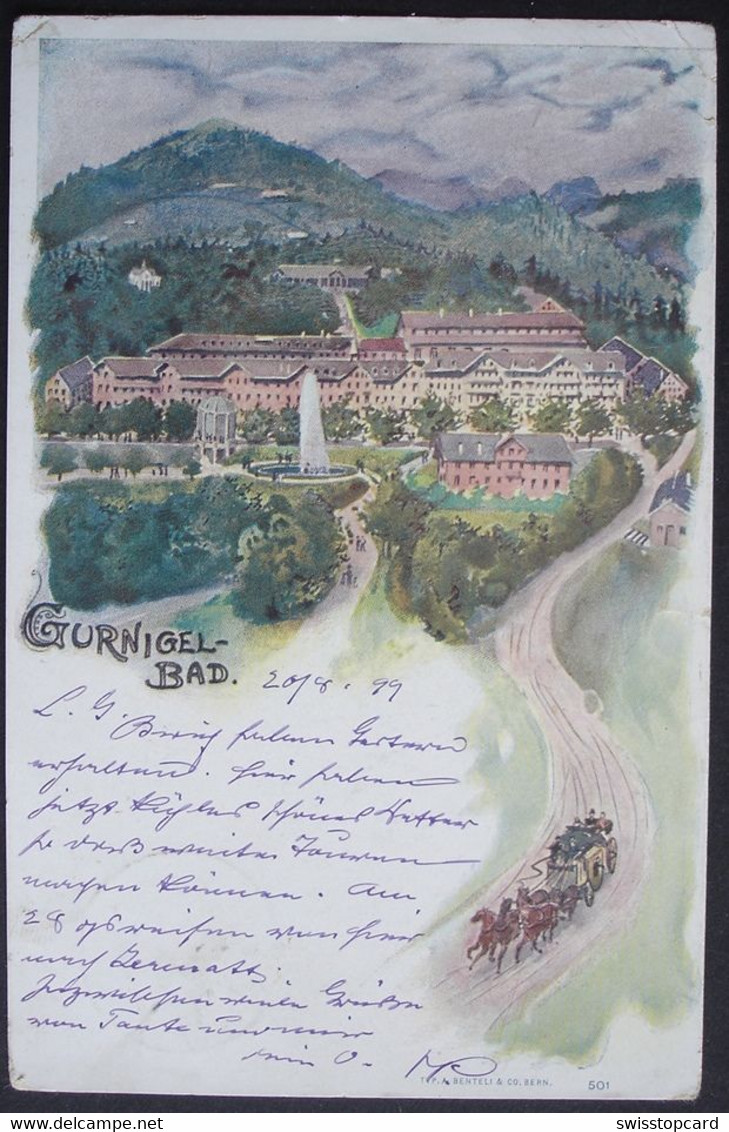LITHO Riggisberg GURNIGELBAD Postkutsche 1899 - Riggisberg 