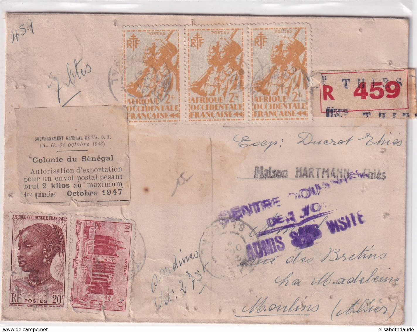 SENEGAL / AOF - 1947 - ENVELOPPE De COLIS RECOMMANDE De THIES Avec CONTROLE DOUANES => MOULINS SUR ALLIER - Covers & Documents