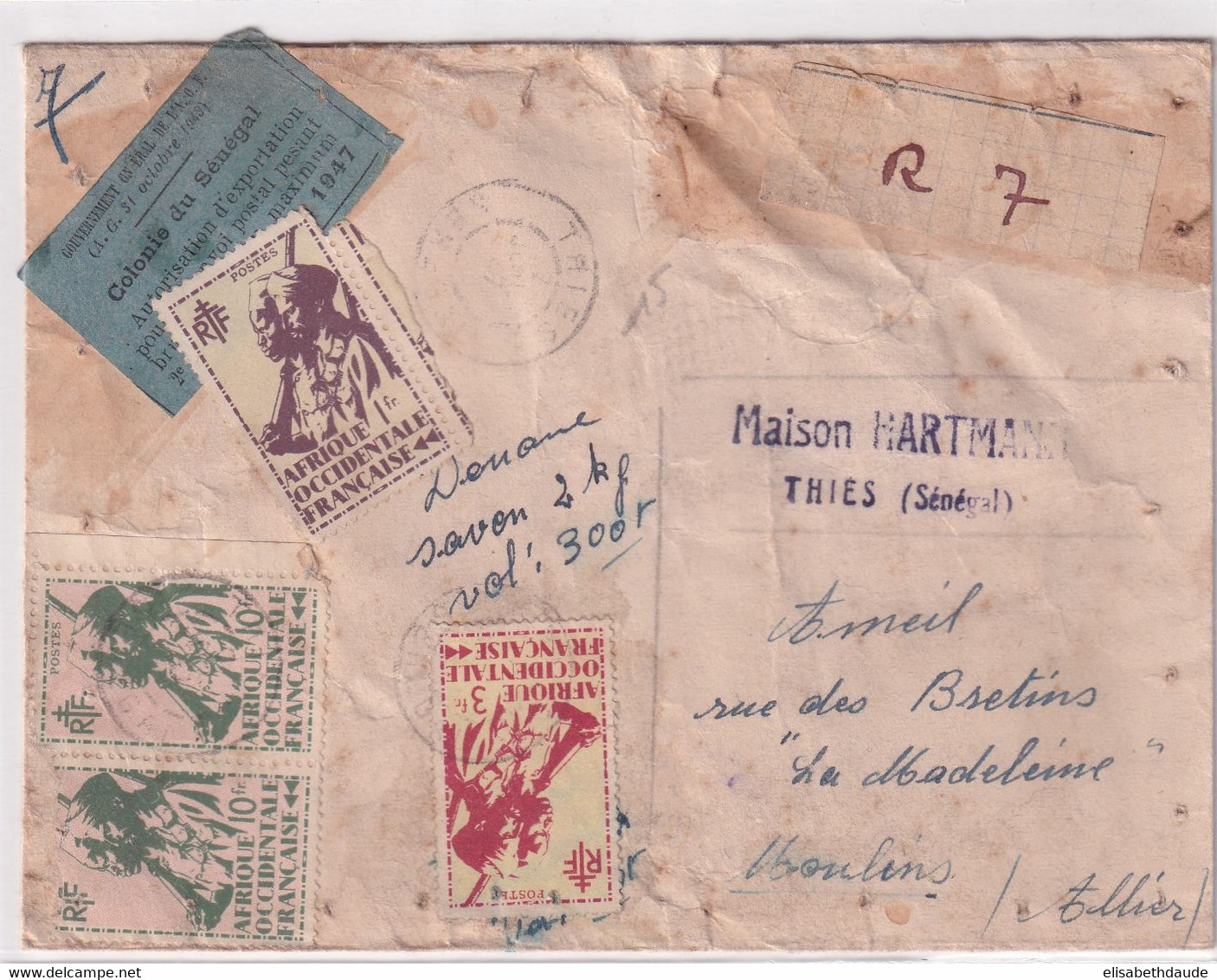 SENEGAL / AOF - 1947 - ENVELOPPE De COLIS RECOMMANDE De THIES Avec CONTROLE DOUANES => MOULINS SUR ALLIER - Cartas & Documentos