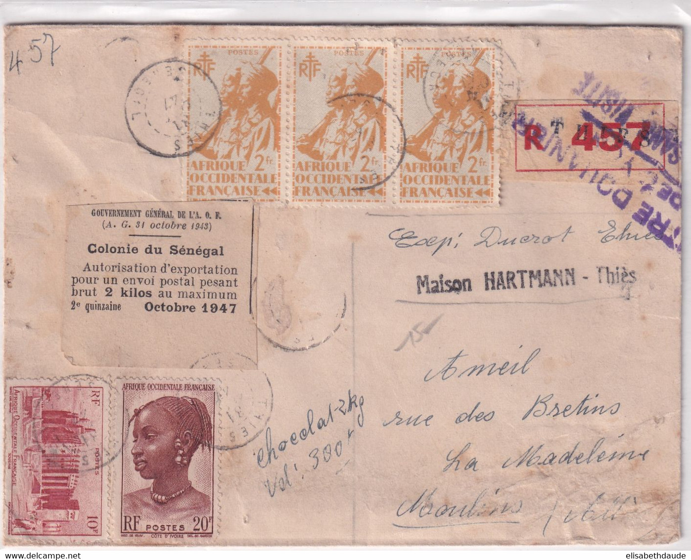 SENEGAL / AOF - 1947 - ENVELOPPE De COLIS RECOMMANDE De THIES Avec CONTROLE DOUANES => MOULINS SUR ALLIER - Cartas & Documentos