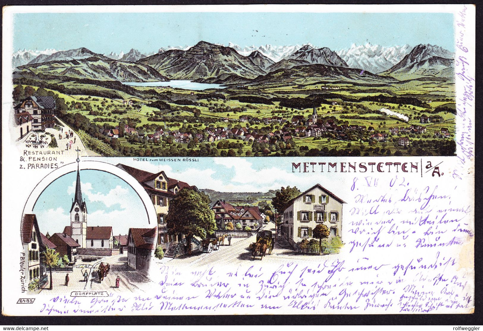 1902 Gelaufene Litho AK Aus Mettmenstetten. Restaurant Z. Paradies, Hotel Zum Weissen Rössli Und Dorfplatz. Kratz- - Dorf