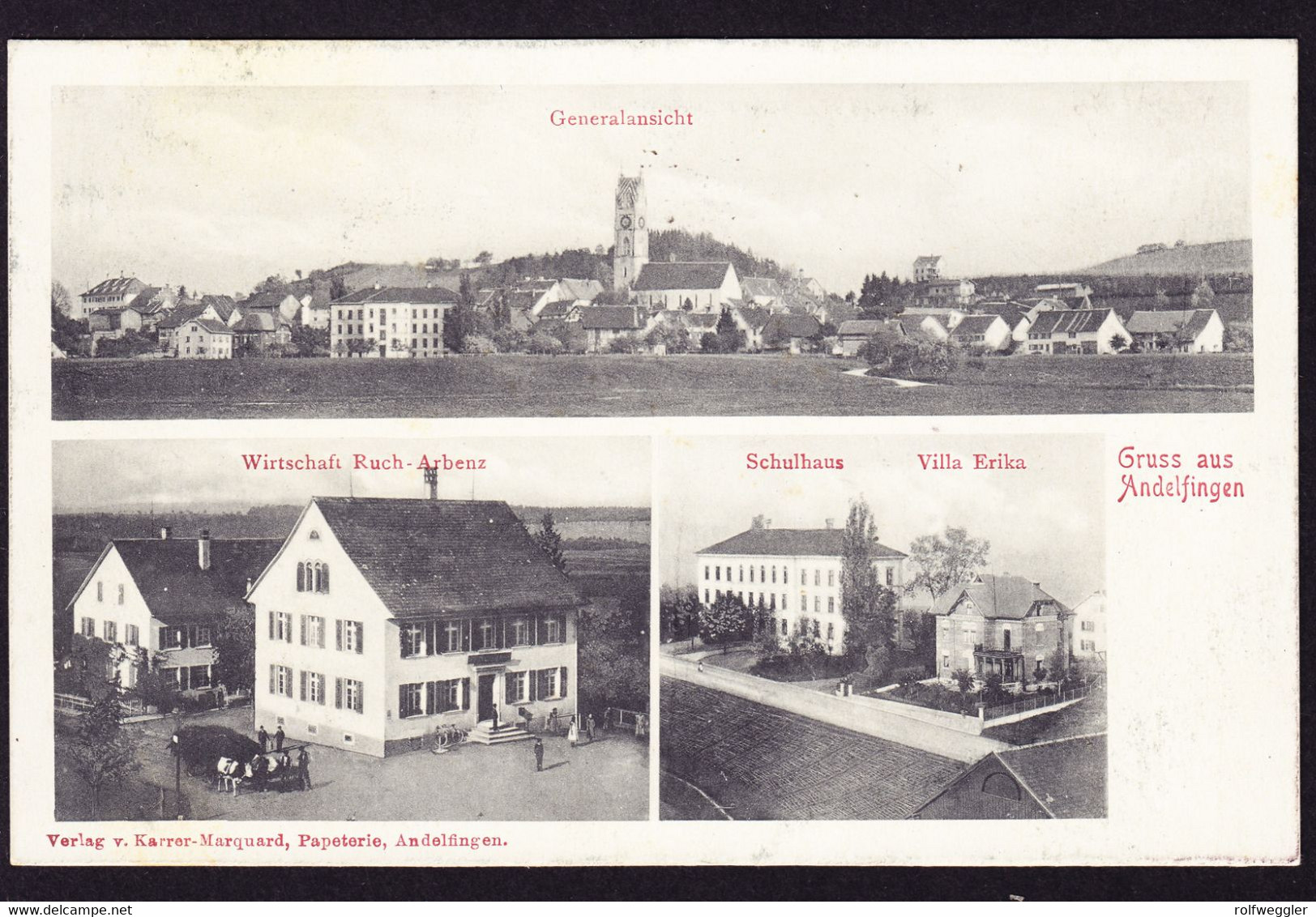 1910 Mit Bahnpost Gelaufene AK: Gruss Aus Andelfingen. 3 Bildrig. Wirtschaft Ruch-Arbenz Und Schulhaus - Andelfingen