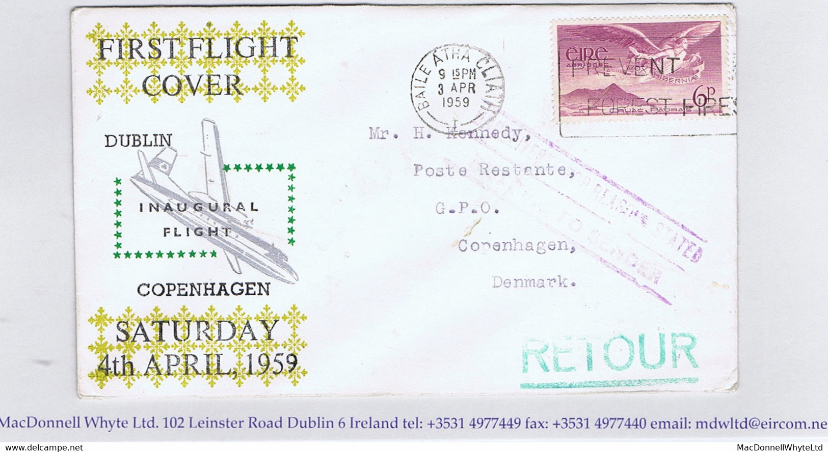 Ireland Airmail 1959 First Flight Dublin To Copenhagen MSE Cachet Cover - Airmail