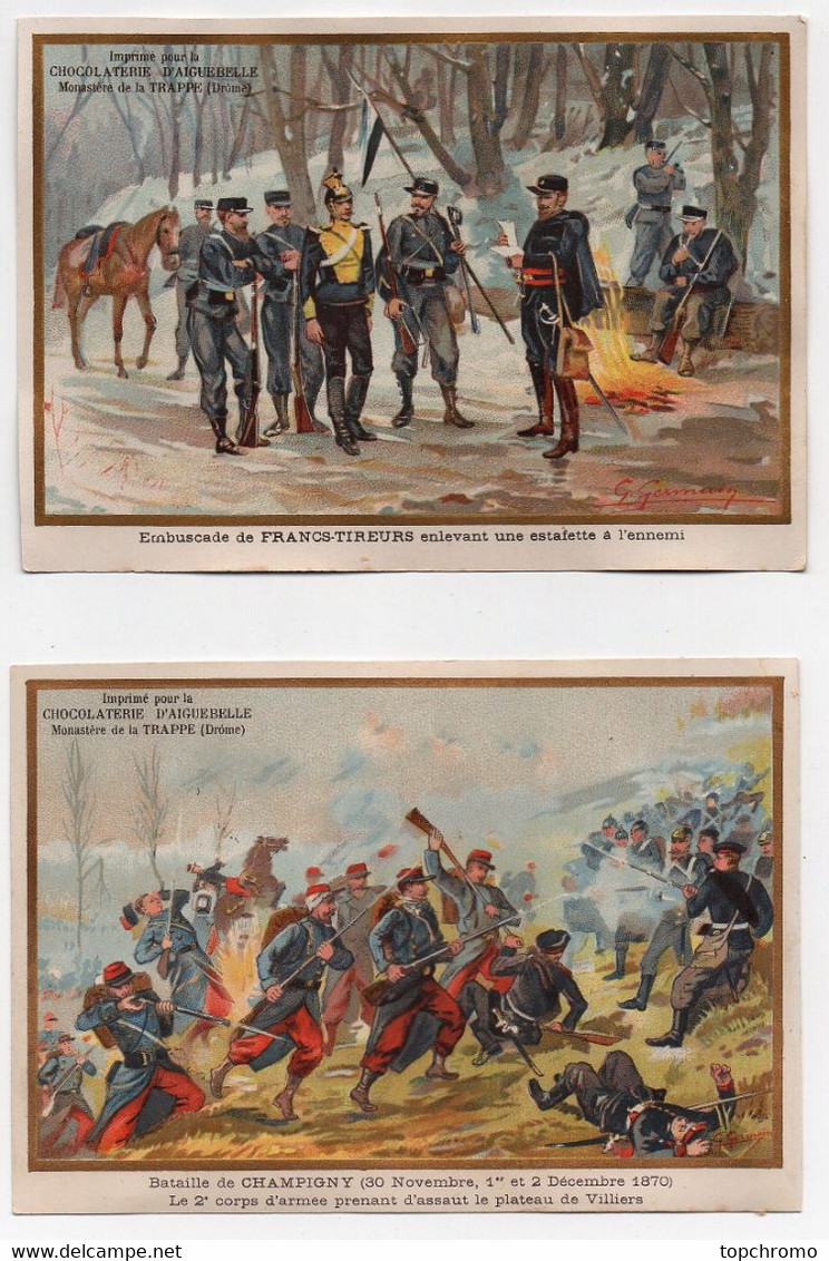 CHROMO Didactique Chocolat Aiguebelle Guerre De 1870 Bataille De Champigny Embuscade De Francs-tireurs (2chromos) - Aiguebelle