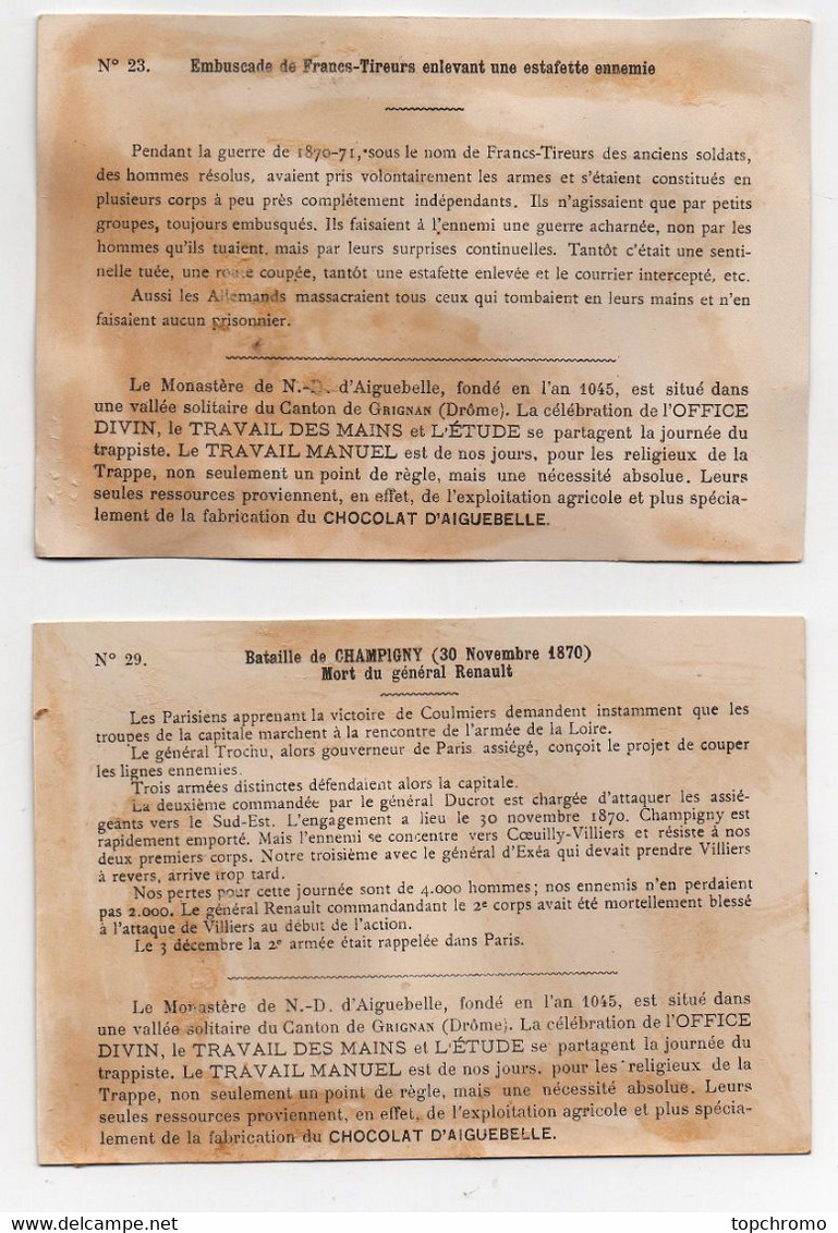 CHROMO Didactique Chocolat Aiguebelle Guerre De 1870 Bataille De Champigny Embuscade De Francs-tireurs (2chromos) - Aiguebelle