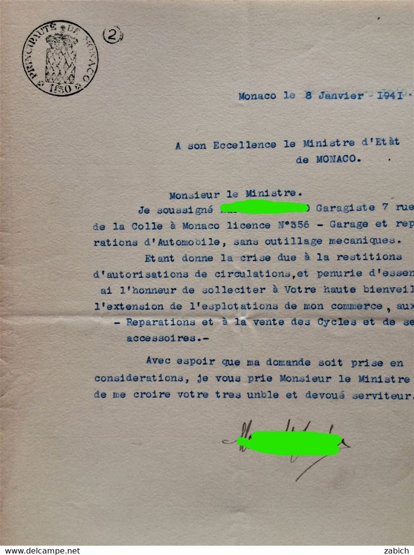 FISCAUX DE MONACO PAPIER TIMBRE 1941 BLASON 1f50 C  FILIRANE LOUIS  II - Fiscales