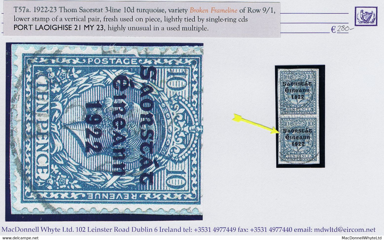 Ireland 1922-23 Thom Saorstat 10d Turquoise Var "Broken Frameline" Of Row 9/1, In A Vertical Pair Used On Piece - Andere & Zonder Classificatie