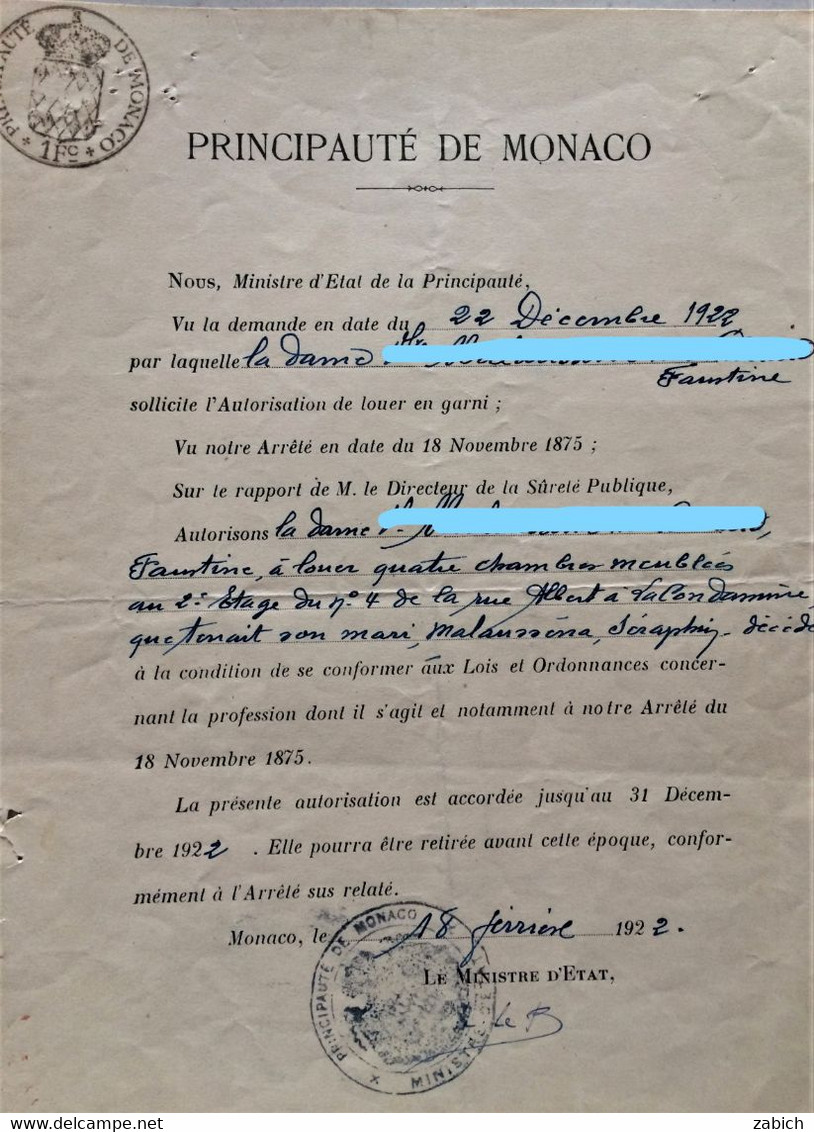 FISCAUX DE MONACO  TIMBRE à L'extraordinaire 1922 BLASON 1f C - Fiscales