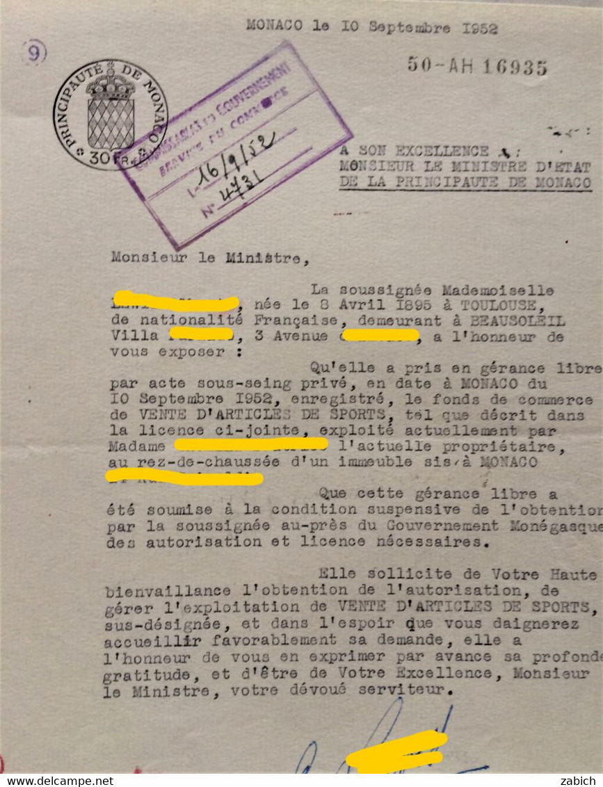 FISCAUX DE MONACO  TIMBRE à L'extraordinaire 1952 BLASON  30FRS Filigrane RAINIER III - Revenue