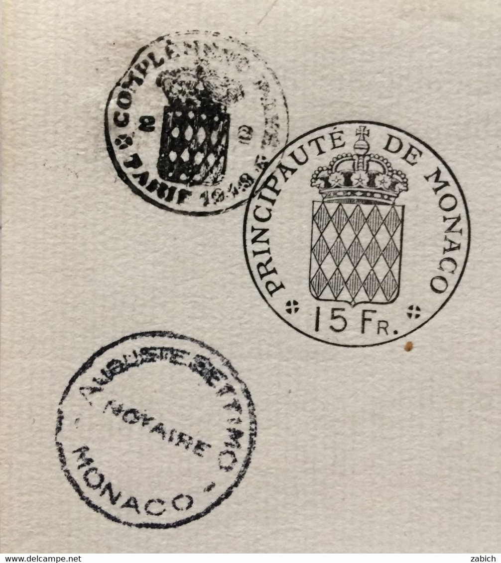 FISCAUX DE MONACO  PAPIER TIMBRE 1952 BLASON  15 Fr + Complément Payé Au Tarif De 1949  Filigrane RAINIER III - Fiscales