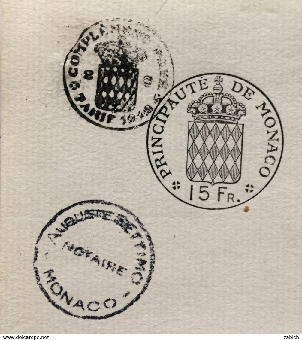 FISCAUX DE MONACO  PAPIER TIMBRE 1952 BLASON  15 Fr + Complément Payé Au Tarif De 1949  Filigrane RAINIER III - Steuermarken