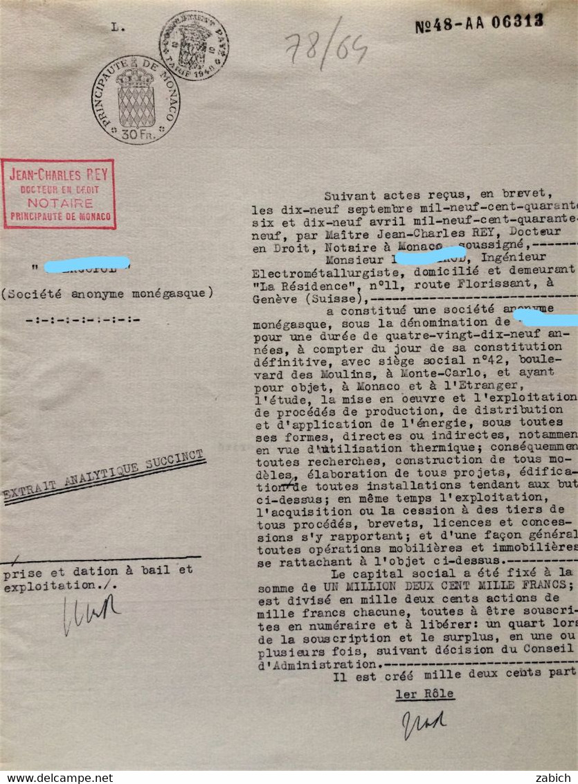 FISCAUX DE MONACO  PAPIER TIMBRE 1949 BLASON  30 Fr + Complément Paye Au Taris De 1949 Filigrane RAINIER III - Fiscales