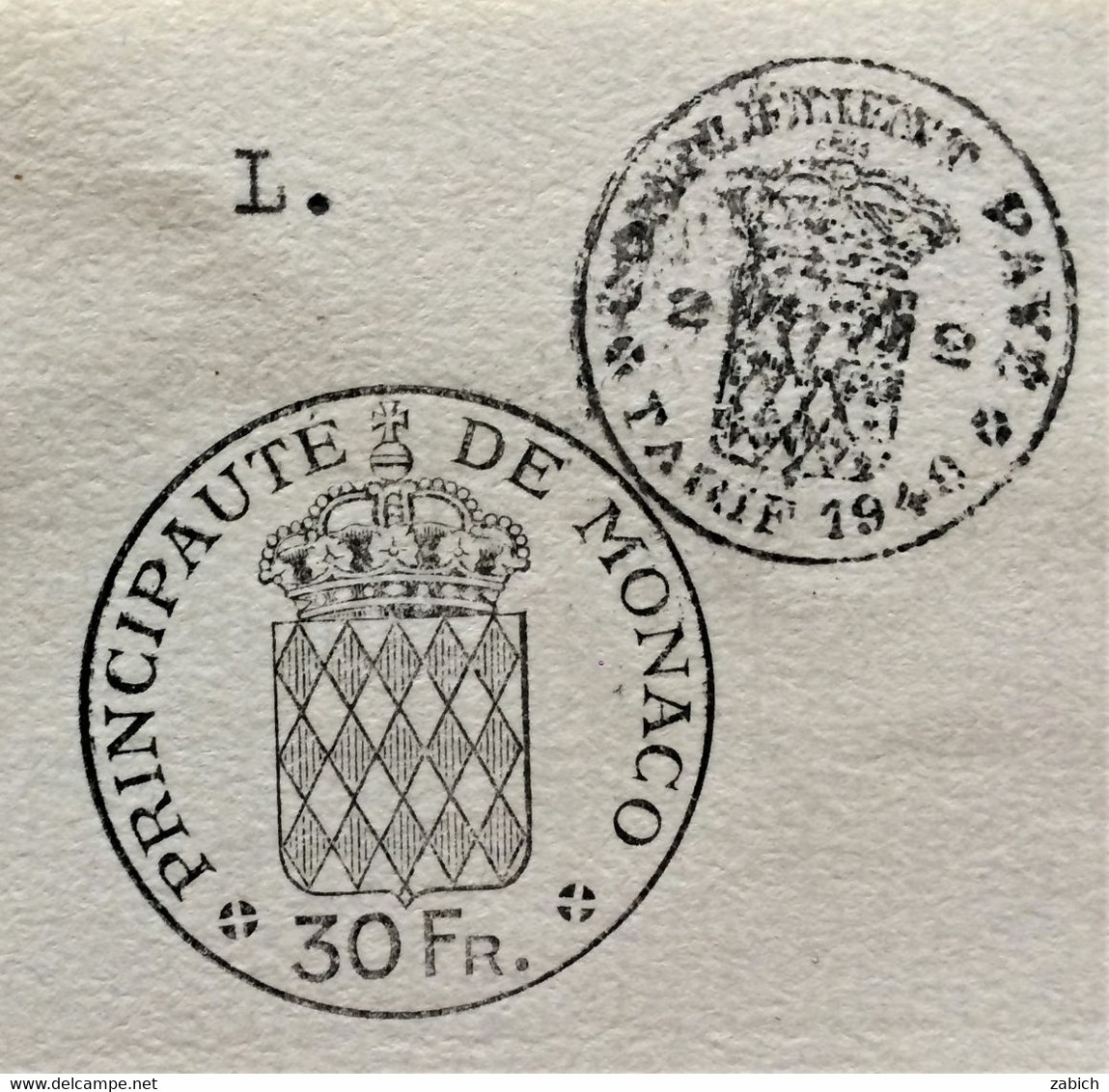 FISCAUX DE MONACO  PAPIER TIMBRE 1949 BLASON  30 Fr + Complément Paye Au Taris De 1949 Filigrane RAINIER III - Fiscales