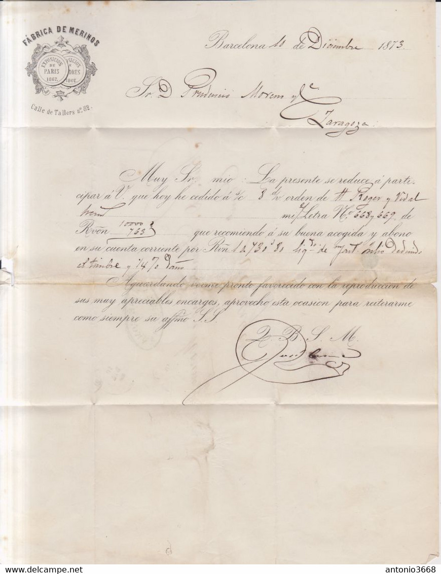 Año 1873 Edifil 133 10c Alegoria Carta IMPRESA Matasellos Rombo Barcelona Membrete Fabrica De  Merinos - Lettres & Documents