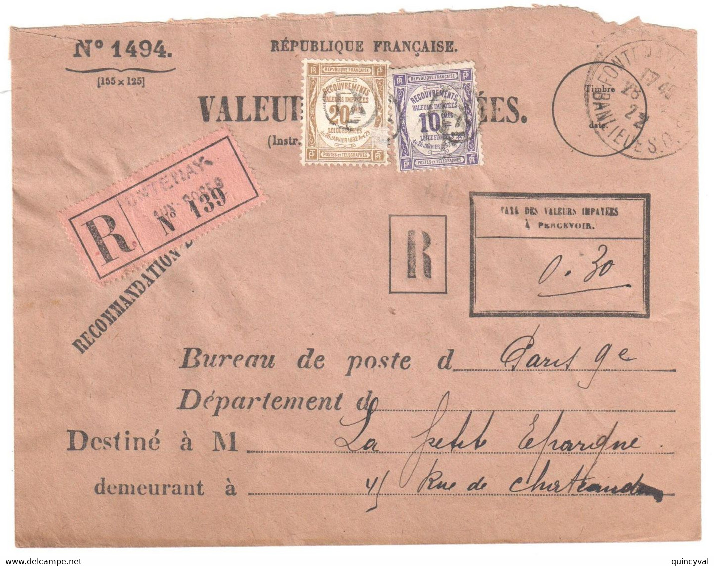 FONTENAY Sous BOIS Banlieue SO Ob 1922 Enveloppe  Valeurs Recouvrées Formule 1494 ENTIERE Taxe 44 45 PREOBLITERE XI - 1859-1959 Lettres & Documents