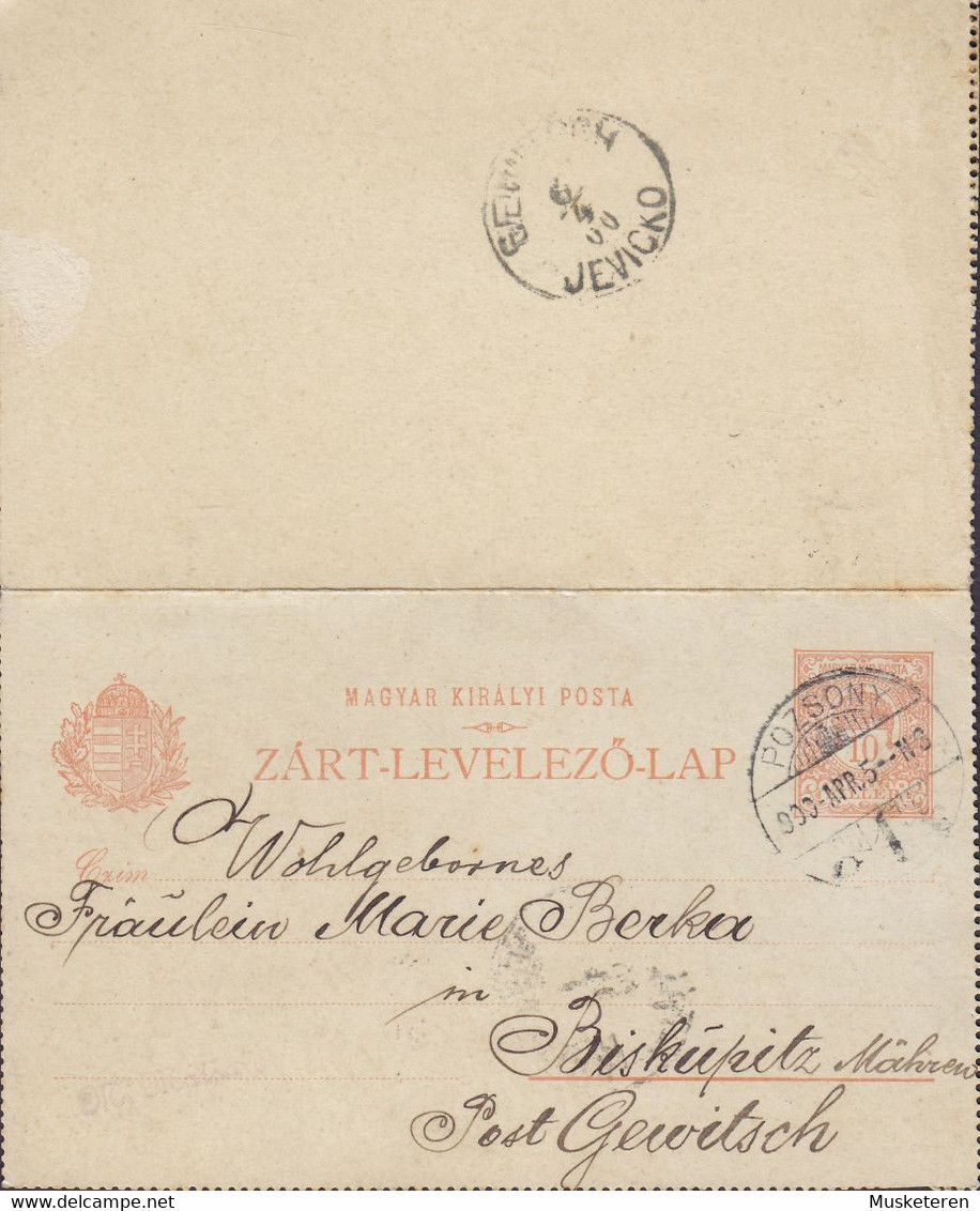 Slovakia Vorläufer Hungary Ungarn Postal Stationery Ganzsache Kartenbrief POZSONY 1900 JEVICKO Mähren (Arr.) - Postkaarten