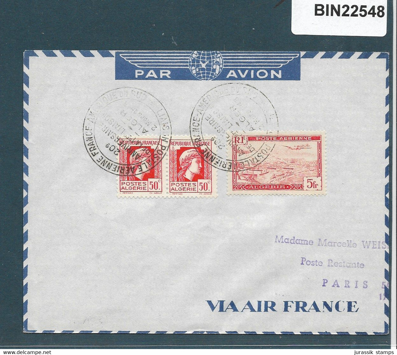 ALGERIA  - 1948 AIR FRANCE FFC - 20TH ANNIVERSARY 1ST FLIGHT TO SOUTH AMERICA   - 22548 - Covers & Documents