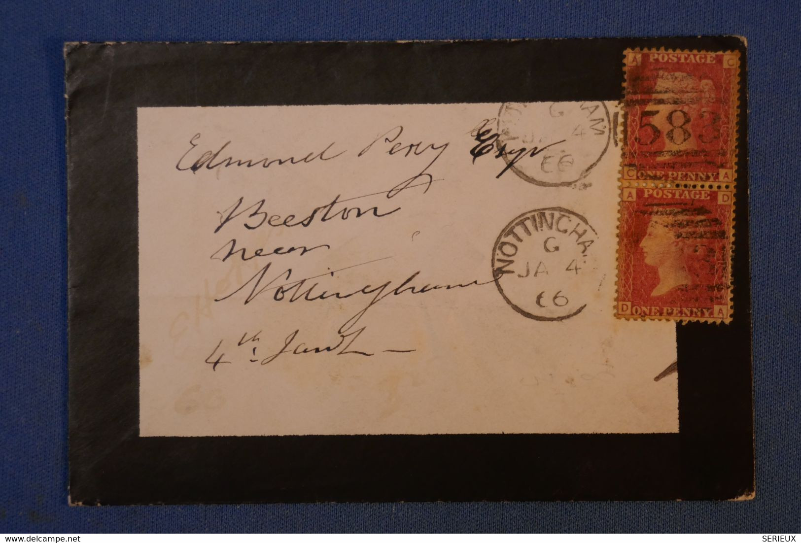 H9 GRANDE BRETAGNE BELLE LETTRE 1866 NOTTINGHAM + PAIRE VERTICALE ONE PENNY+AFFRANCH INTERESSANT - Cartas