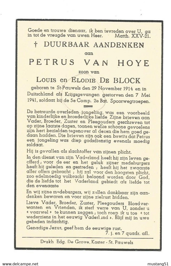 Doodsprentje Soldaat Spoorwegtroepen Sint-Pauwels + Duitsland 7 Mei 1941 - Devotieprenten