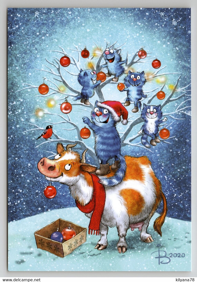 FUNNY BLUE CATS Decorate Christmas Tree COW Snow Winter By Zeniuk New Postcard - Sonstige & Ohne Zuordnung