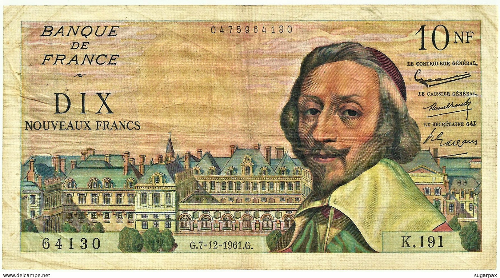 FRANCE - 10 Nouveaux Francs - 07.12.1961 - P 142 - Serie K.191 - " Cardinal Richelieu " - 10 NF 1959-1963 ''Richelieu''