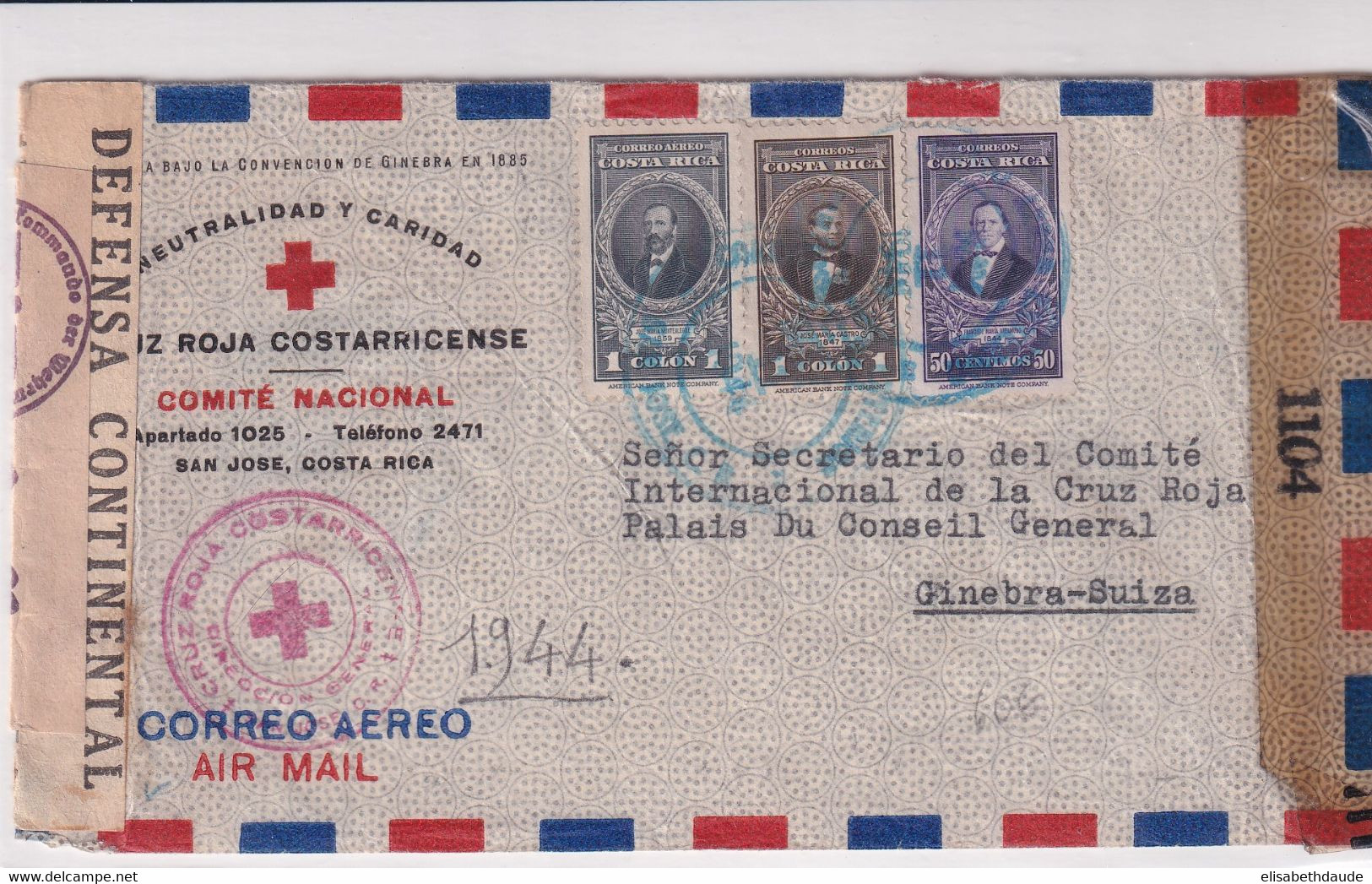 1944 - COSTA RICA - ENVELOPPE CROIX-ROUGE RARE De SAN JOSE Avec 3 CENSURES ! => GENEVE - RED CROSS - Costa Rica