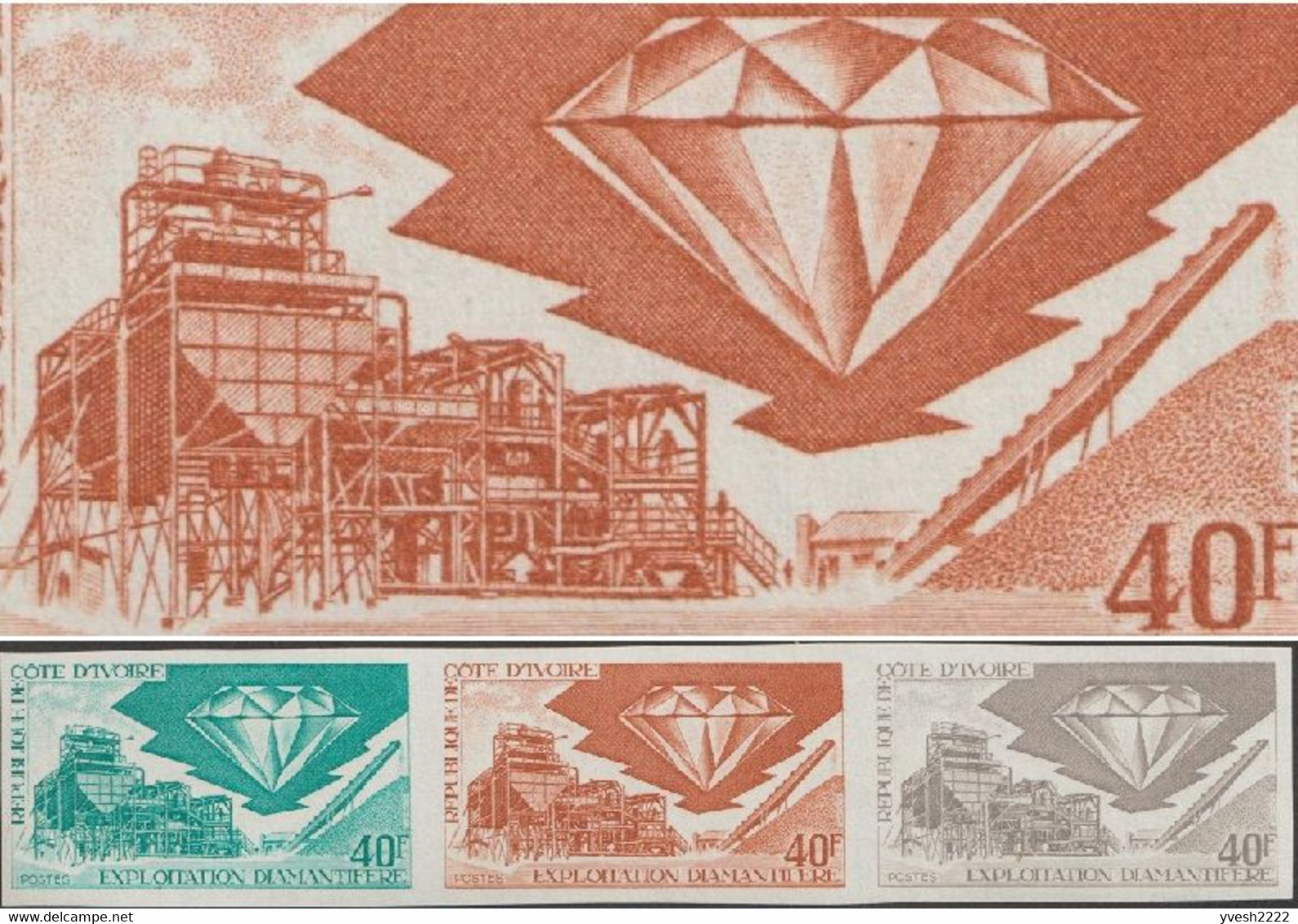 Côte D'Ivoire 1972, Y&T 342. Bande De 3, Essais De Couleurs. Exploitation Diamantifère, Diamant - Minéraux