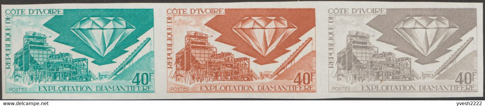 Côte D'Ivoire 1972, Y&T 342. Bande De 3, Essais De Couleurs. Exploitation Diamantifère, Diamant - Minéraux