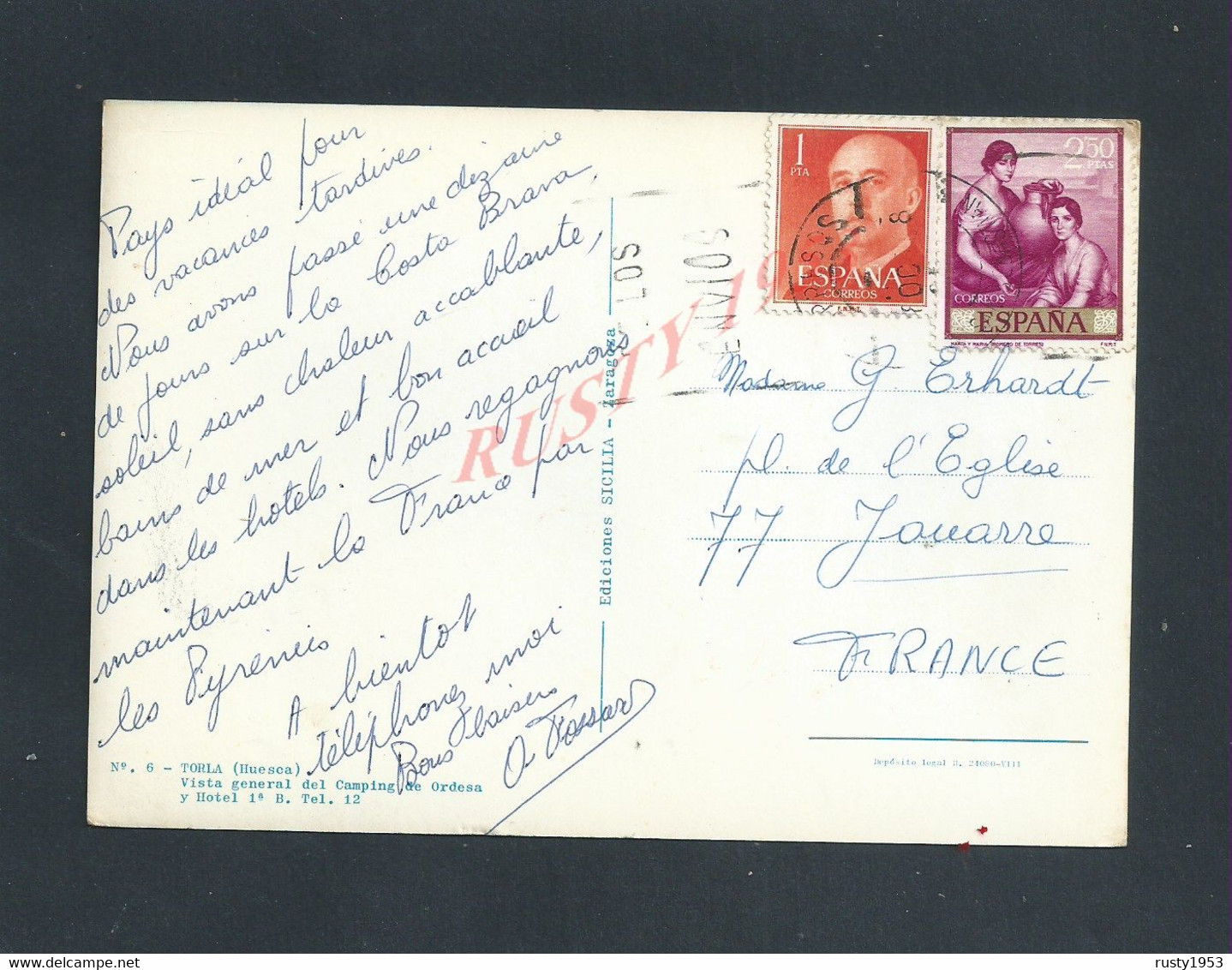 CPSM SUR TIMBRES D ESPAGNE TORLA ( HUESCA ) POUR LA FAMILLE ERHARDT 77 JOUARD : - Covers & Documents