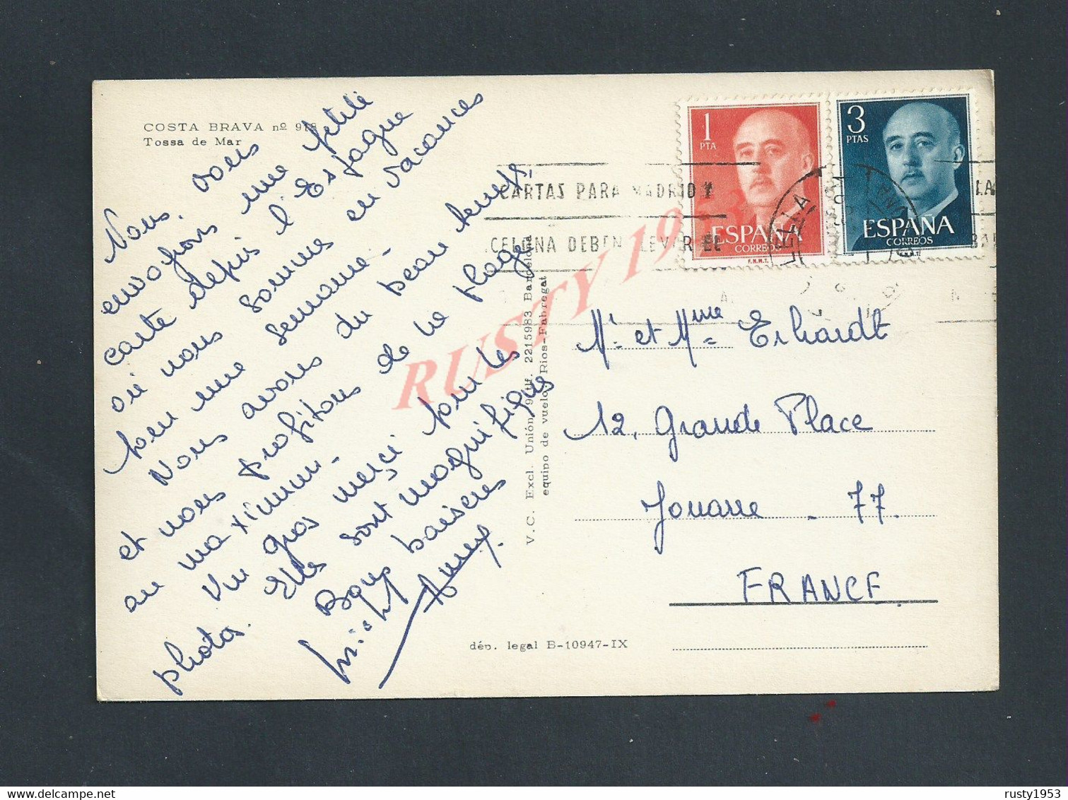 CPSM SUR TIMBRES D ESPAGNE COSTA BRAVA TOSSA BRAVA POUR LA FAMILLE ERHARDT 77 JOUARD : - Storia Postale