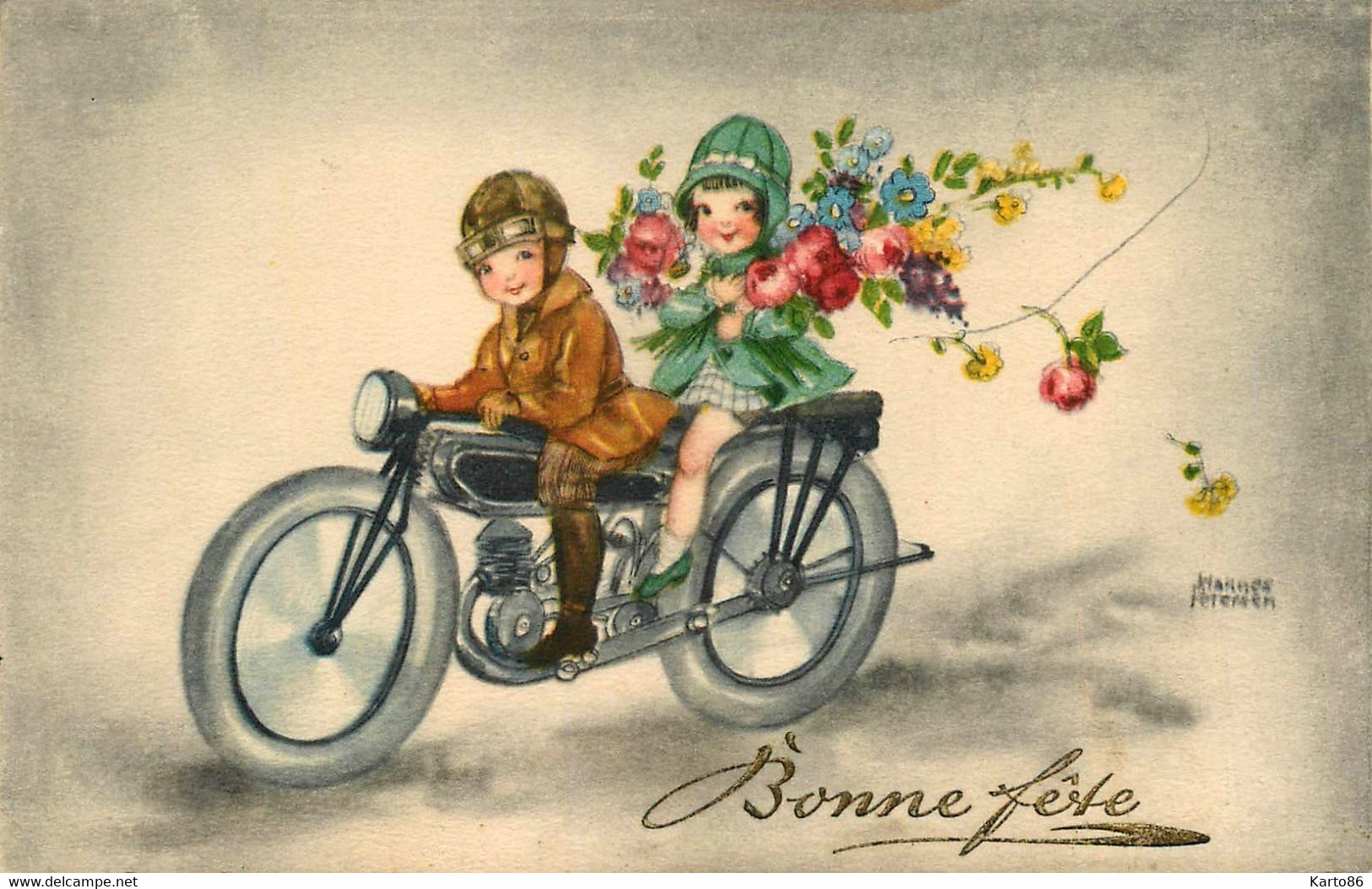 Hannes PETERSON * CPA Illustrateur * N°4513 * Bonne Fête * Enfants Moto Motos Vélomoteur Fleurs - Petersen, Hannes