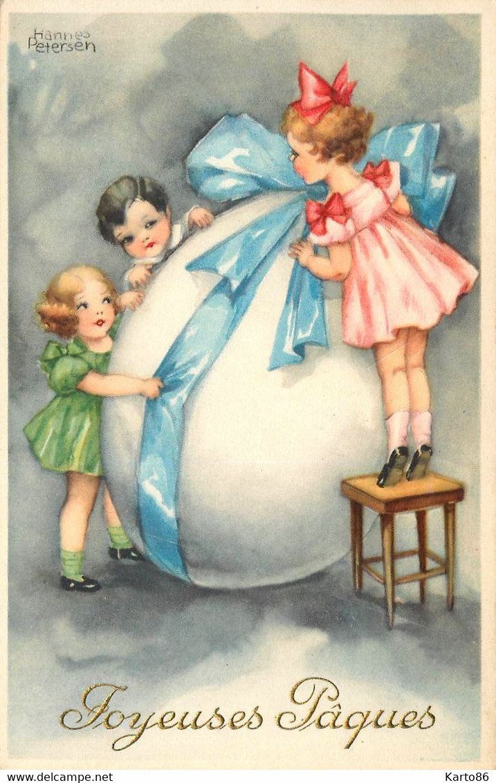 Hannes PETERSON * CPA Illustrateur * N°5480 * Joyeuses Pâques * Enfants Gros Oeuf Noeud Bleu - Petersen, Hannes