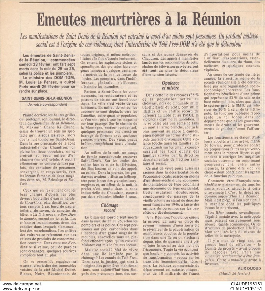 LA CASSURE        EMEUTES A SAINT DENIS DE LA REUNION      DU 23-27 FEVRIER 1991 - Outre-Mer