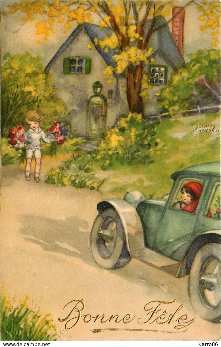 Hannes PETERSON * CPA Illustrateur * N°1547 * Bonne Fête * Enfants Automobile Fleurs - Petersen, Hannes