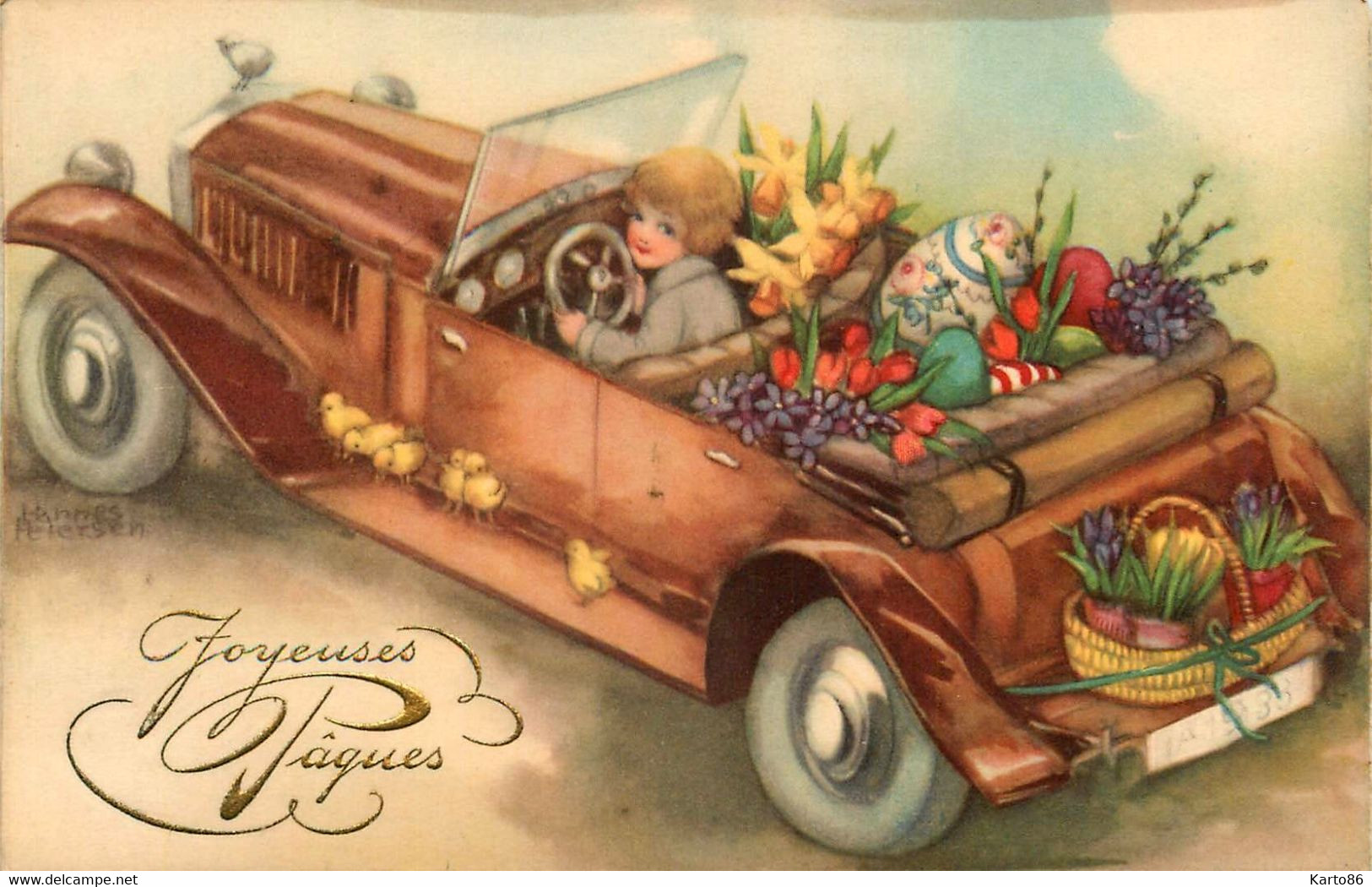 Hannes PETERSON * CPA Illustrateur * N°5159 * Joyeuses Pâques * Automobile Auto Voiture Enfant Oeufs Fleurs - Petersen, Hannes