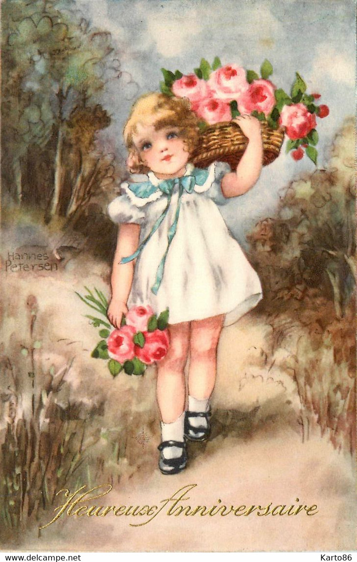 Hannes PETERSON * CPA Illustrateur * N°5590 * Heureux Anniversaire * Enfant Fillette Fleurs Roses - Petersen, Hannes