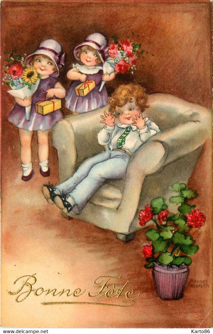 Hannes PETERSON * CPA Illustrateur * Sans N° * Bonne Fête * Enfants Fleurs Cadeaux - Petersen, Hannes