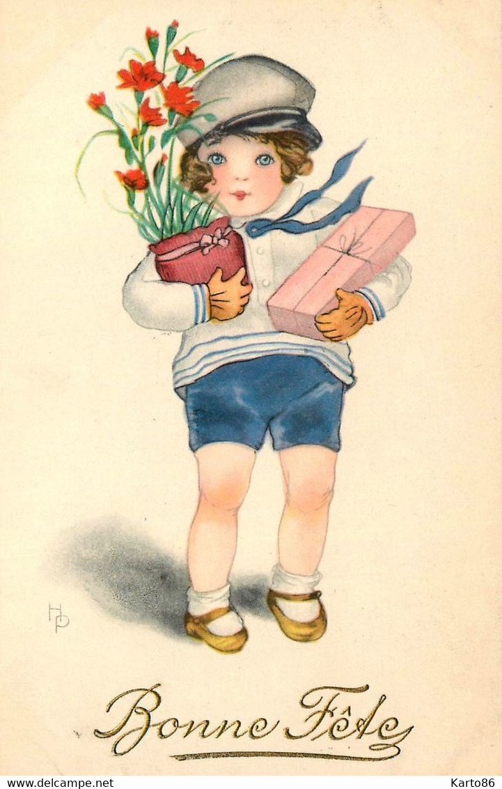 Hannes PETERSON * CPA Illustrateur * Sans N° * Bonne Fête * Enfant Marin Cadeau Fleurs - Petersen, Hannes