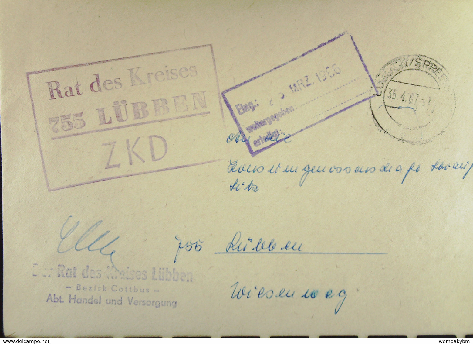 Orts-Brief Mit ZKD-Kastenstempel "Rat Des Kreises 755 LÜBBEN" V. "35.4.67" Angekommen Aber Am 25. MRZ. 1966 Lt. Eing-Stp - Servicio Central De Correos
