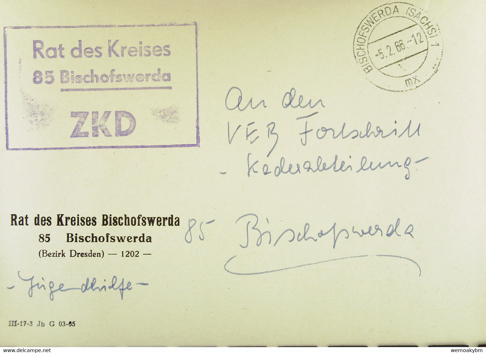 Orts-Brief Mit ZKD-Kastenstempel "Rat Des Kreises 85 Bischofswerda" Vom 5.2.66 An VEB Fortschritt - Central Mail Service