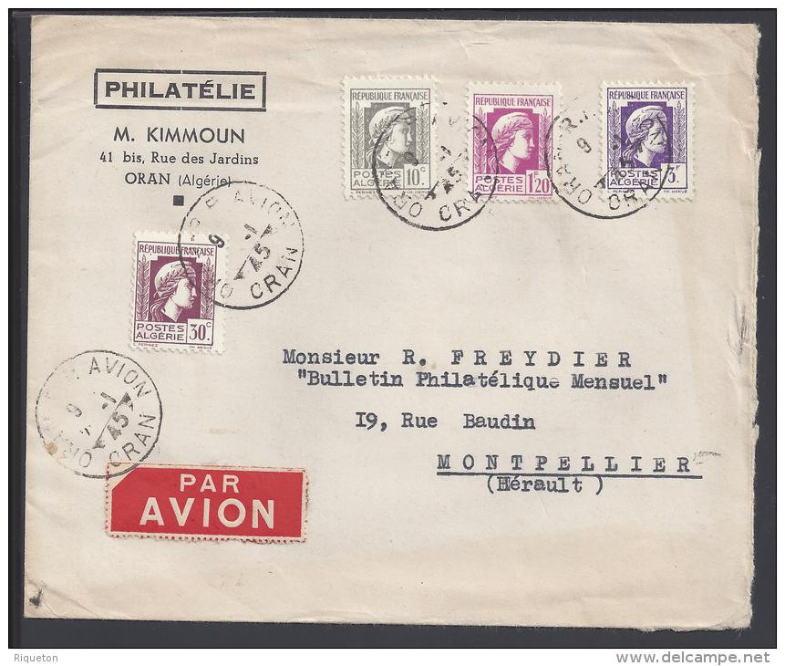 Algérie - 1945 "Philatélie M. Kimmoun à Oran" Affranchissement Marianne à 4,60 F Sur Enveloppe Pour La France - B/TB - - Covers & Documents